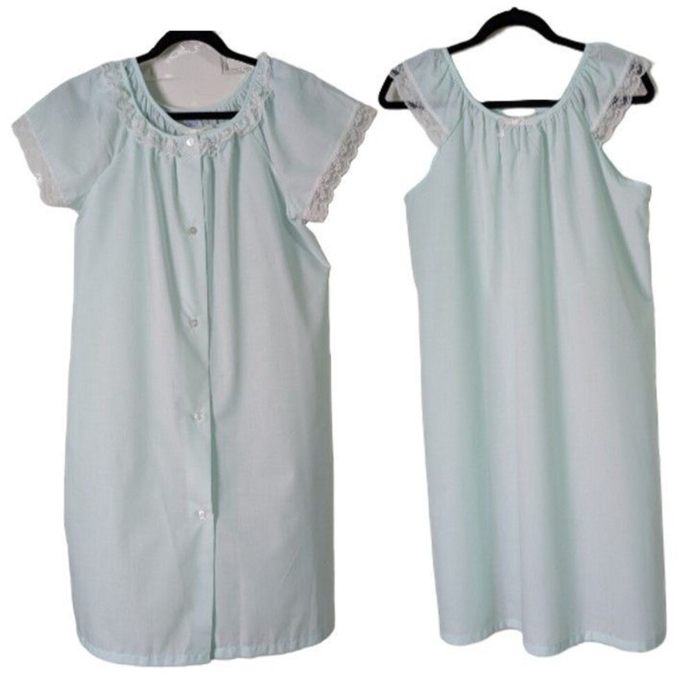 VTG Sears House Coat Robe Nightgown Peignoir Set Small Mint Green Lace Coquette